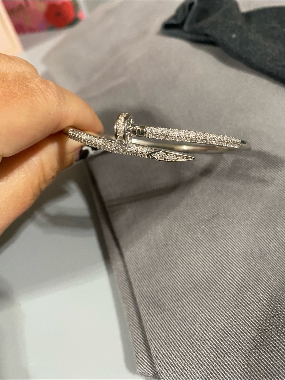 Nail-Style Hinged Bangle Bracelet in Silver Tone